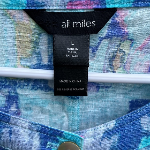 NWT Ali Miles Button Front Linen Blend Floral Top Size Lg, turquoise, blue, pink - Picture 2 of 9